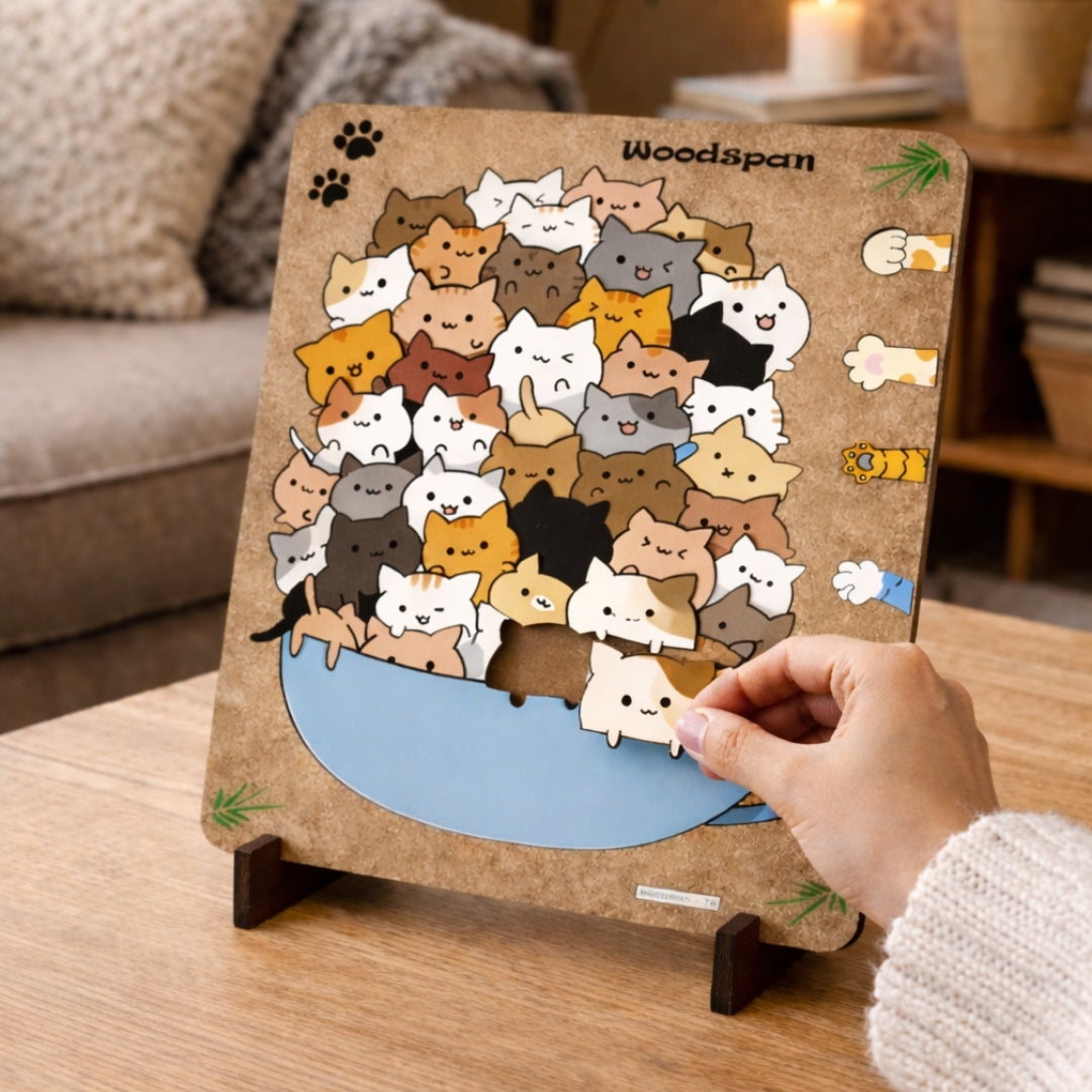 Kase Dolusu Kedi - Standlı Ahşap Puzzle