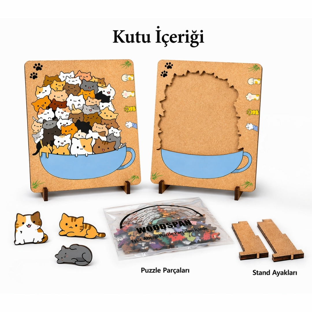 Kase Dolusu Kedi - Standlı Ahşap Puzzle