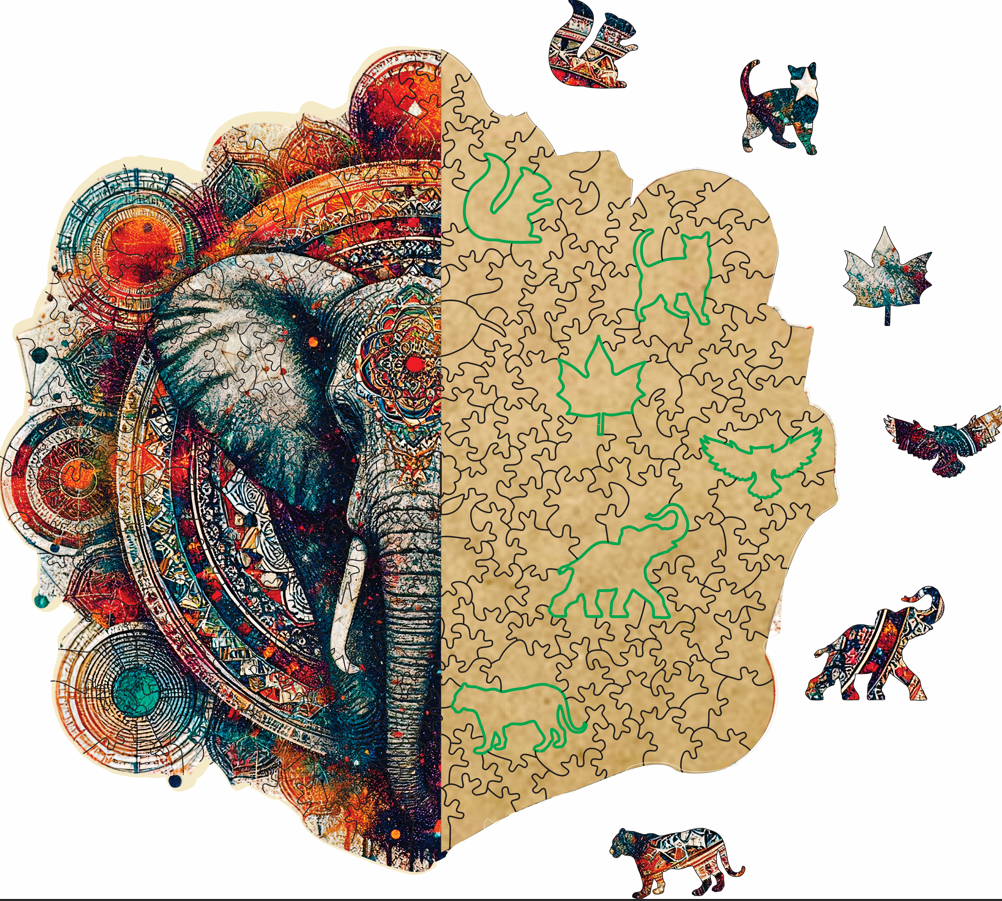 Kozmik Harmoni: Fil ve Mandala - Ahşap Puzzle
