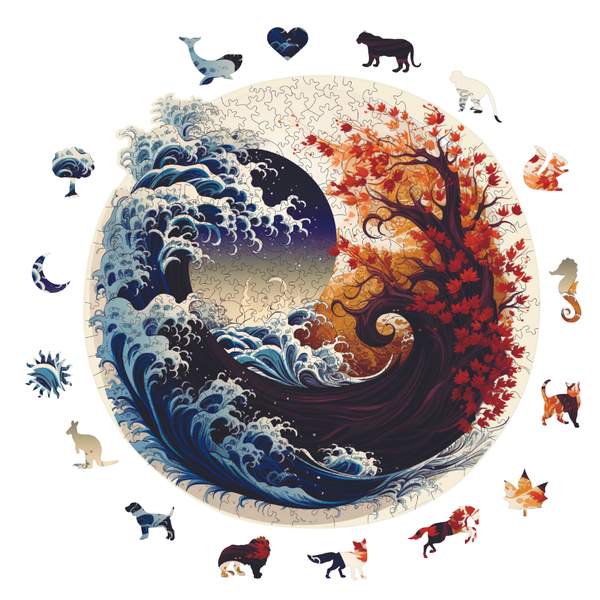 The Great Wave ve Sonbahar - Ahşap Puzzle