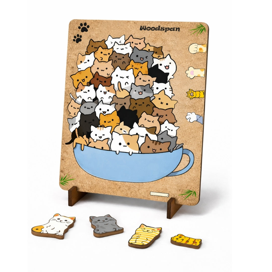 Kase Dolusu Kedi - Standlı Ahşap Puzzle